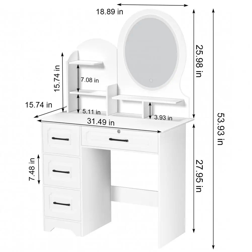 Modern Makeup Vanity Table with Mirror & Lights, Extra Storage Shelves, 4-Drawer Dressing Table, Cosmetic Desk with Organizer