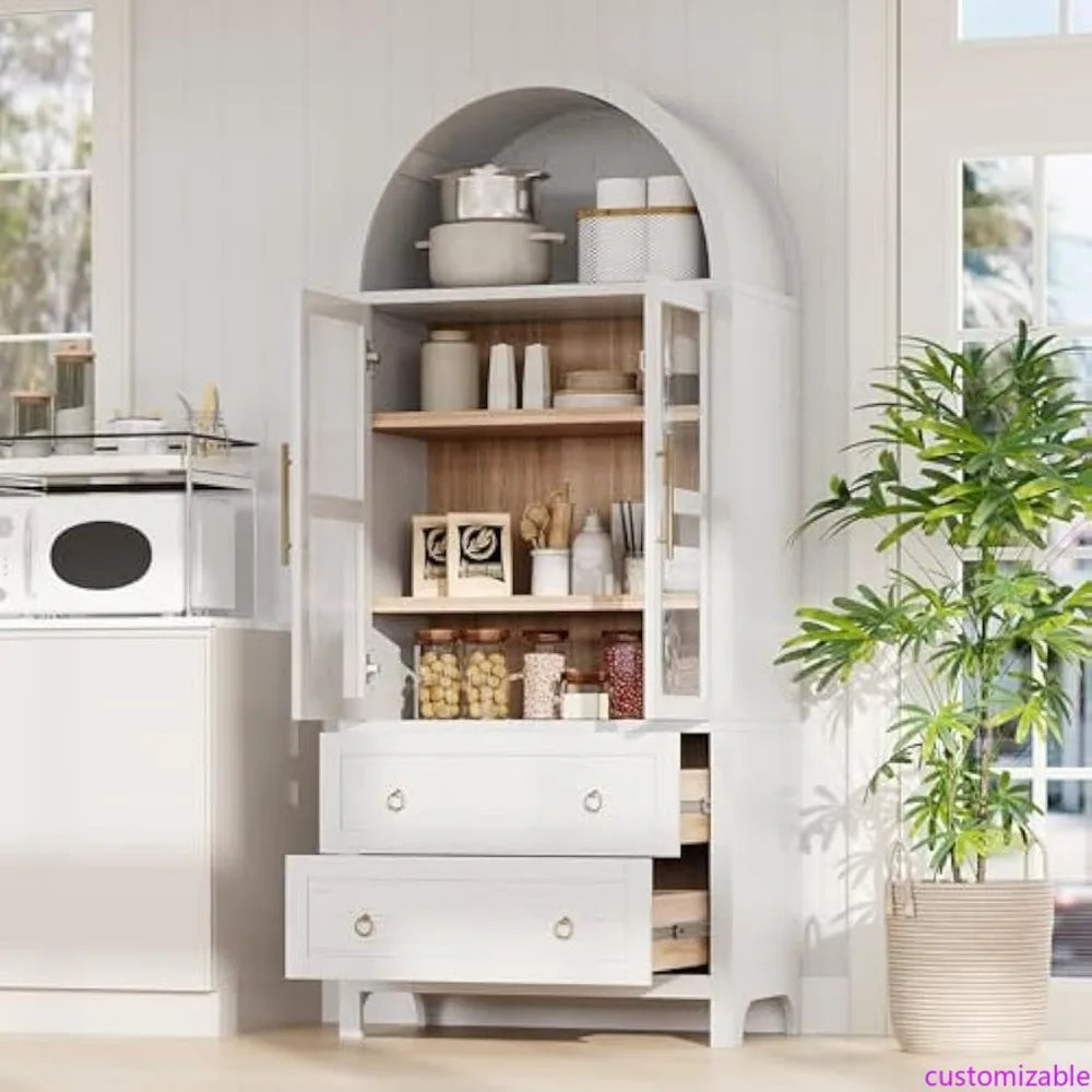 71" Tall Arched Farmhouse Style Cabinet with Glass Doors and Two Large Drawers - Adjustable Shelves for Modern Kitchen