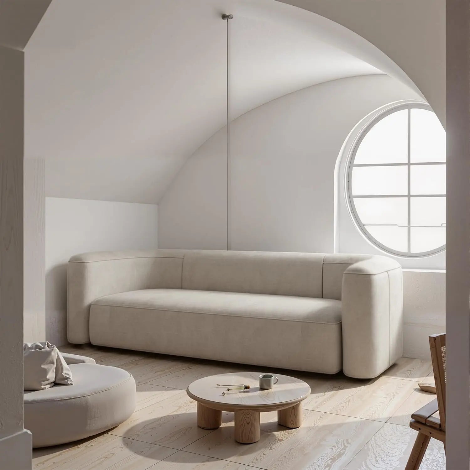 Luxury Modern Tight Curved Back Velvet Sofa, Minimalist Style Comfy Couch for Living Room Apartment, 3 Seater, Cream
