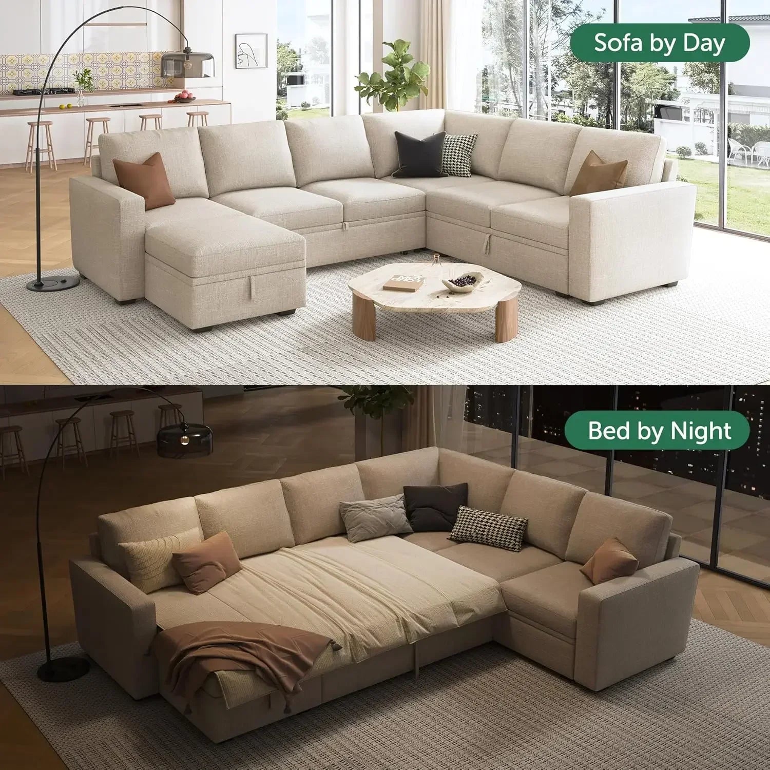 Modular Sectional Sleeper Sofa with Pull Out Bed, U Shaped Sectional Couch with Storage Ottoman, Convertible 7-Seater Sofa,