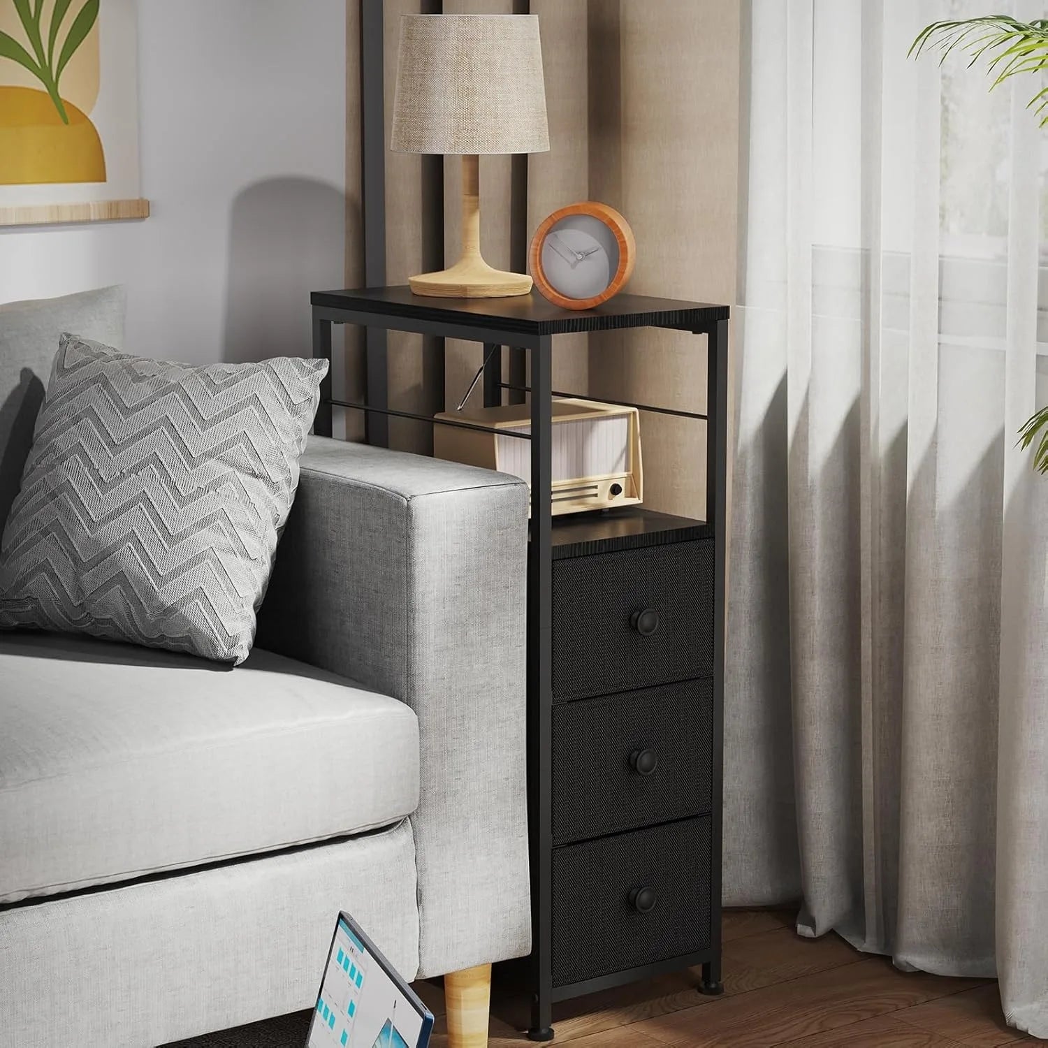 Narrow Slim Dresser & Bedside Table | 3 Fabric Drawers w/ Open Shelves | Space-Saving Storage Cabinet