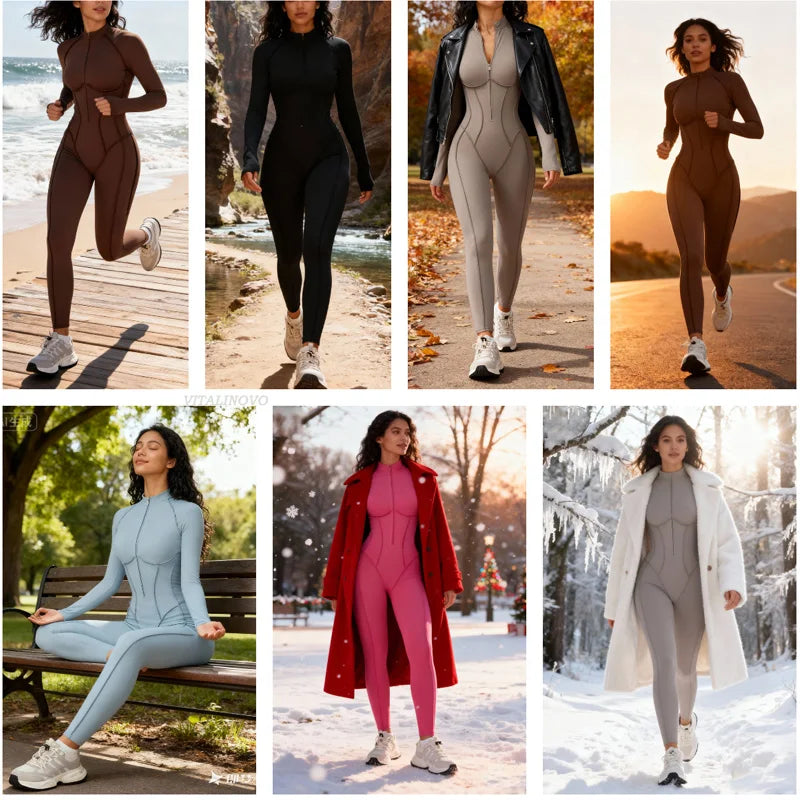 Women's Running Onesie Athletic Romper/ Pants, Long Sleeve, Zip Up Hiking Outfits, One Piece Workout Jumpsuit