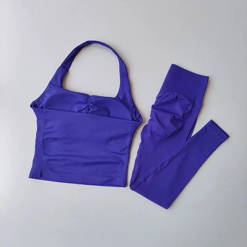 Yoga Pants High-Waisted Tummy-Control Hip-Lifting Sports Suit/ Women's Push-Up Shockproof Halter Neck Back-Slimming Fitness Set