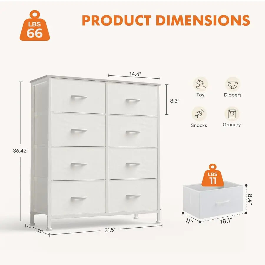 Dresser for Bedroom with 8 Drawers, AntiTip Tall Fabric Chests Storage Organizer Tower Furniture with Wooden Top Metal Frame fo