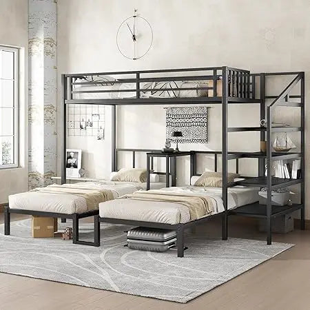 Triple Bunk Bed for Three Children, Sturdy with Storage Steps, Desk, and Safety Rails