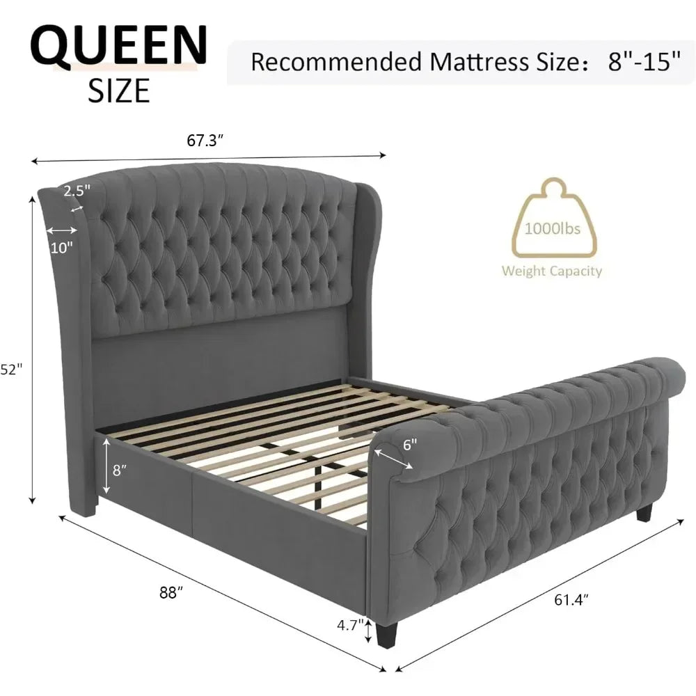 Queen Size Platform Bed Frame, Velvet Upholstered Sleigh Bed with Scroll Wingback Headboard & Footboard/Button Tufted