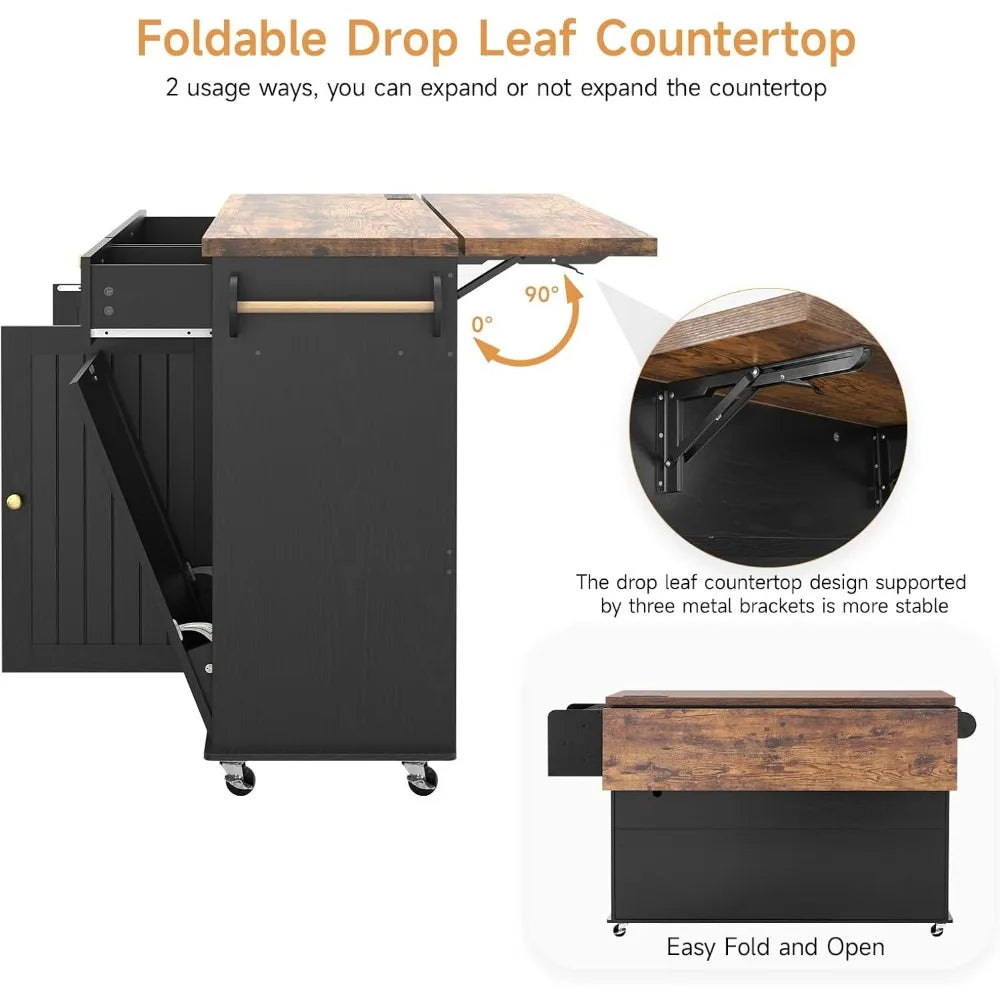 60" Kitchen Island with Power Outlet & Drop Leaf, Kitchen Rolling Island with Spice Rack & Towel Rack, Knife Holder