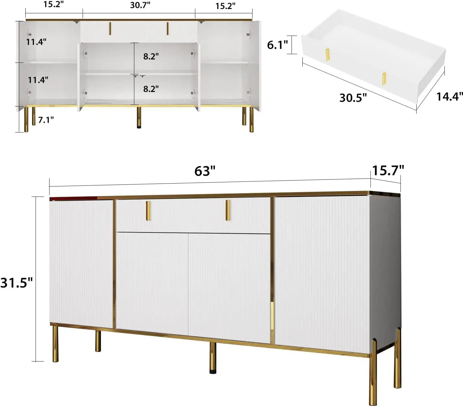 Modern Credenza Sideboard Buffet with Drawer & Pop-Up Doors, Buffet Sideboard Storage Cabinet with Gold Metal Legs