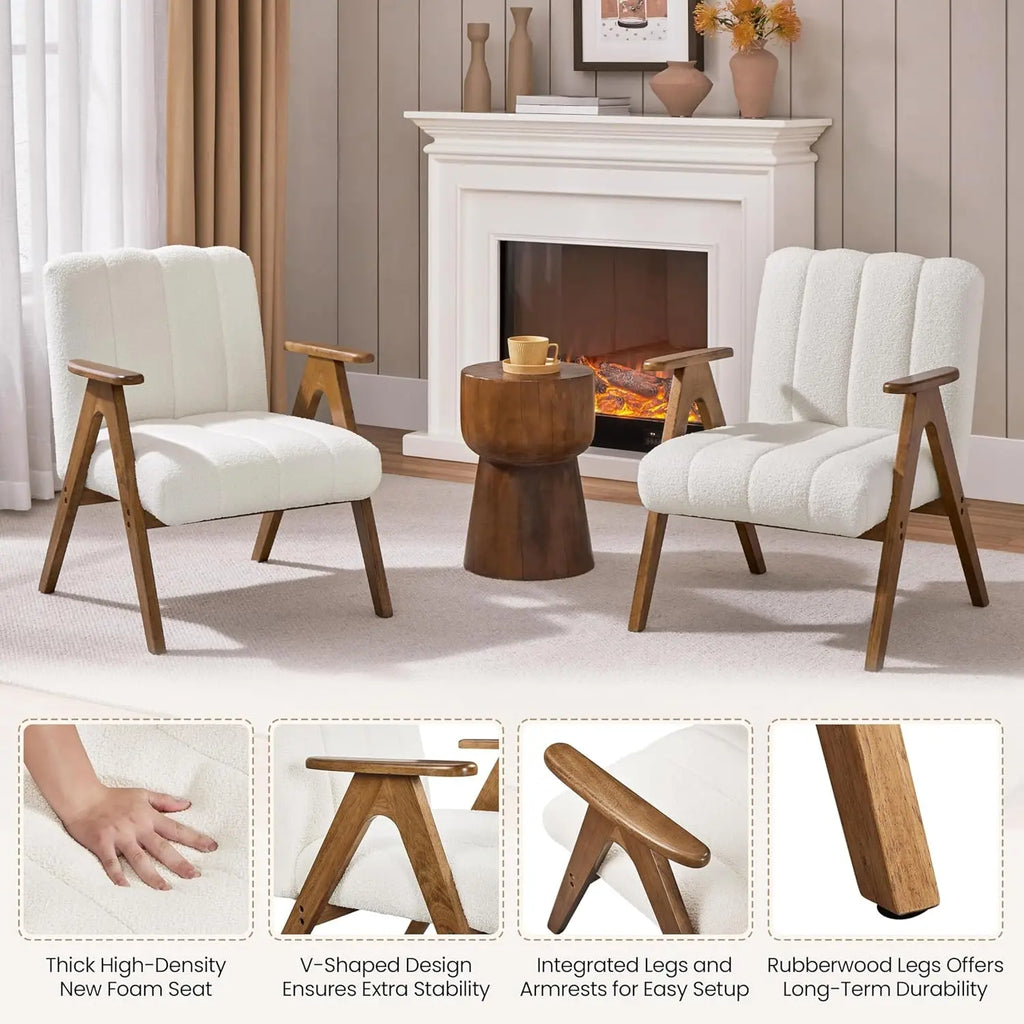Boucle Fabric Mid Century Accent Chair Set of 2, with Solid Wood Legs