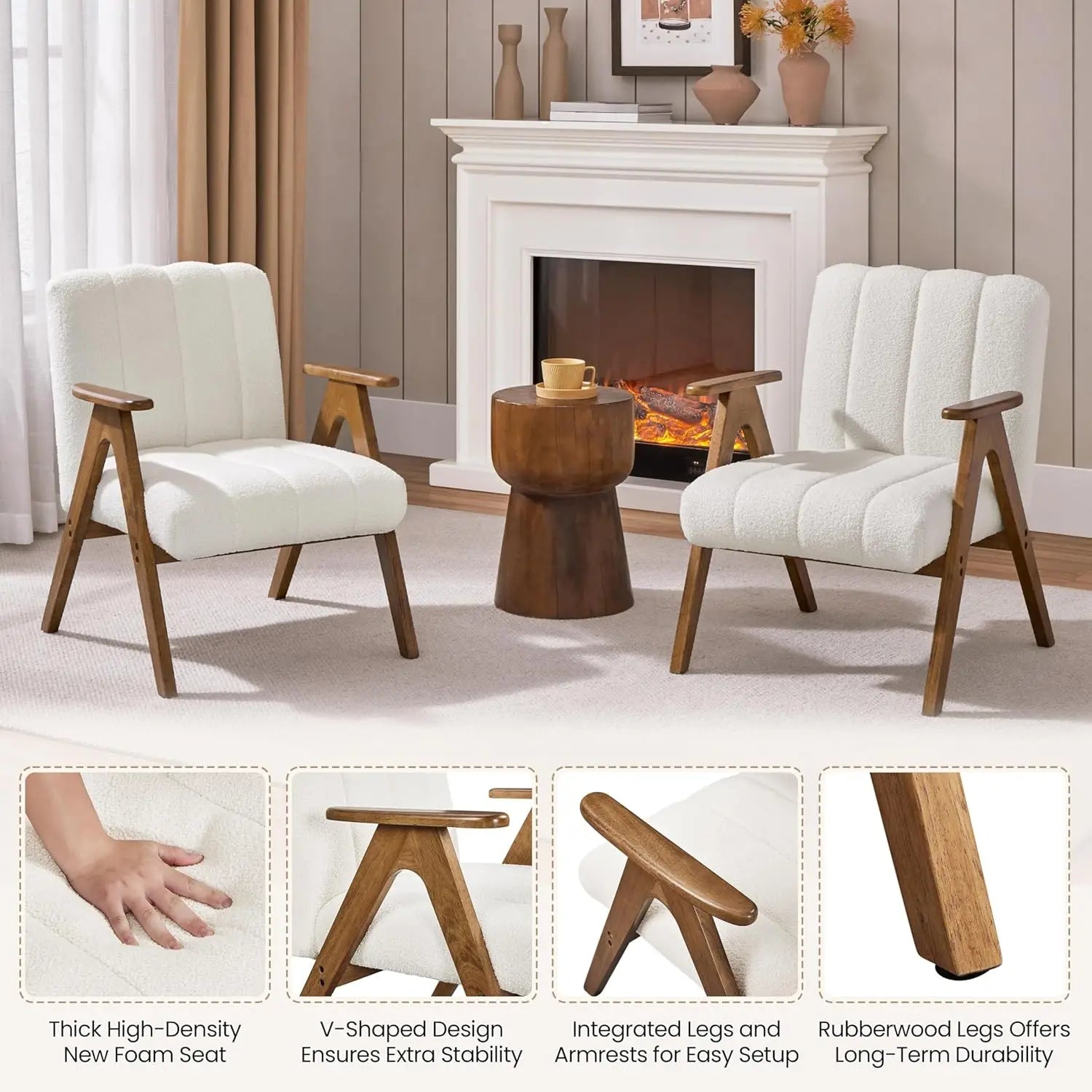 Boucle Fabric Mid Century Accent Chair Set of 2, with Solid Wood Legs