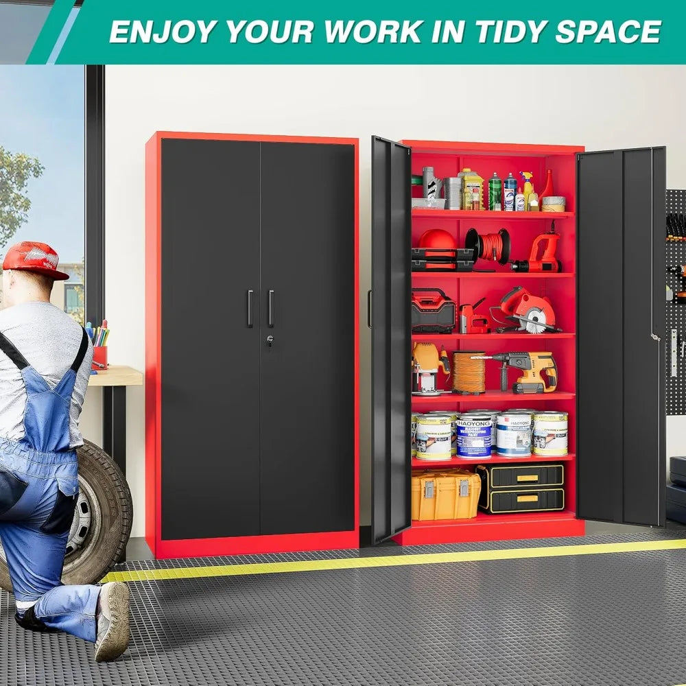 Garage Storage Cabinet with 5 Adjustable Shelves, Metal Storage Cabinet with Lock,Red Black Metal Cabinet with Locking Doors, Steel