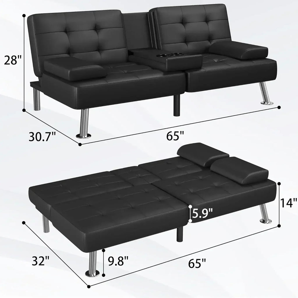 Futon Sofa Bed Modern Folding Futon Set Convertible Recliner Lounge for Living Room with 2 Cup Holders