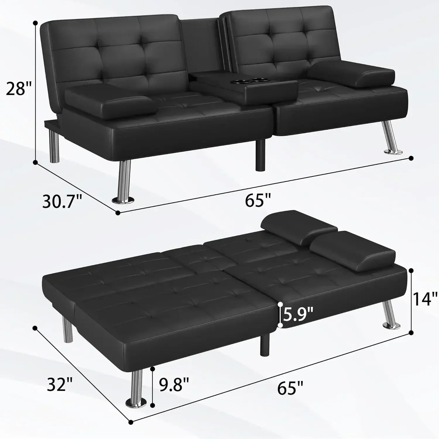 Futon Sofa Bed Modern Folding Futon Set Convertible Recliner Lounge for Living Room with 2 Cup Holders