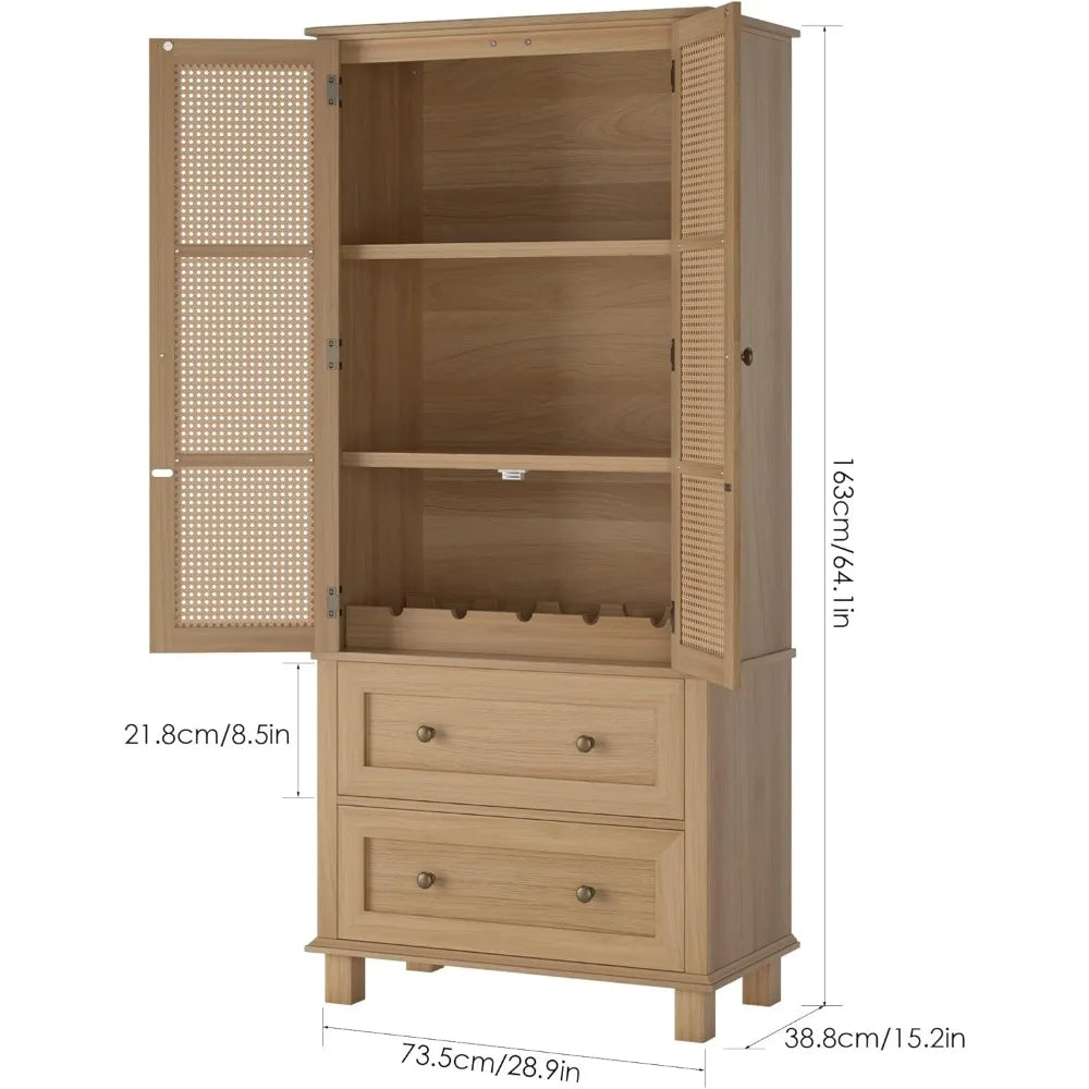 Kitchen Pantry Storage Cabinet, Tall Cabinet with Rattan Doors and 2 Drawers, Freestanding Cupboard, Adjustable Shelves, Utility