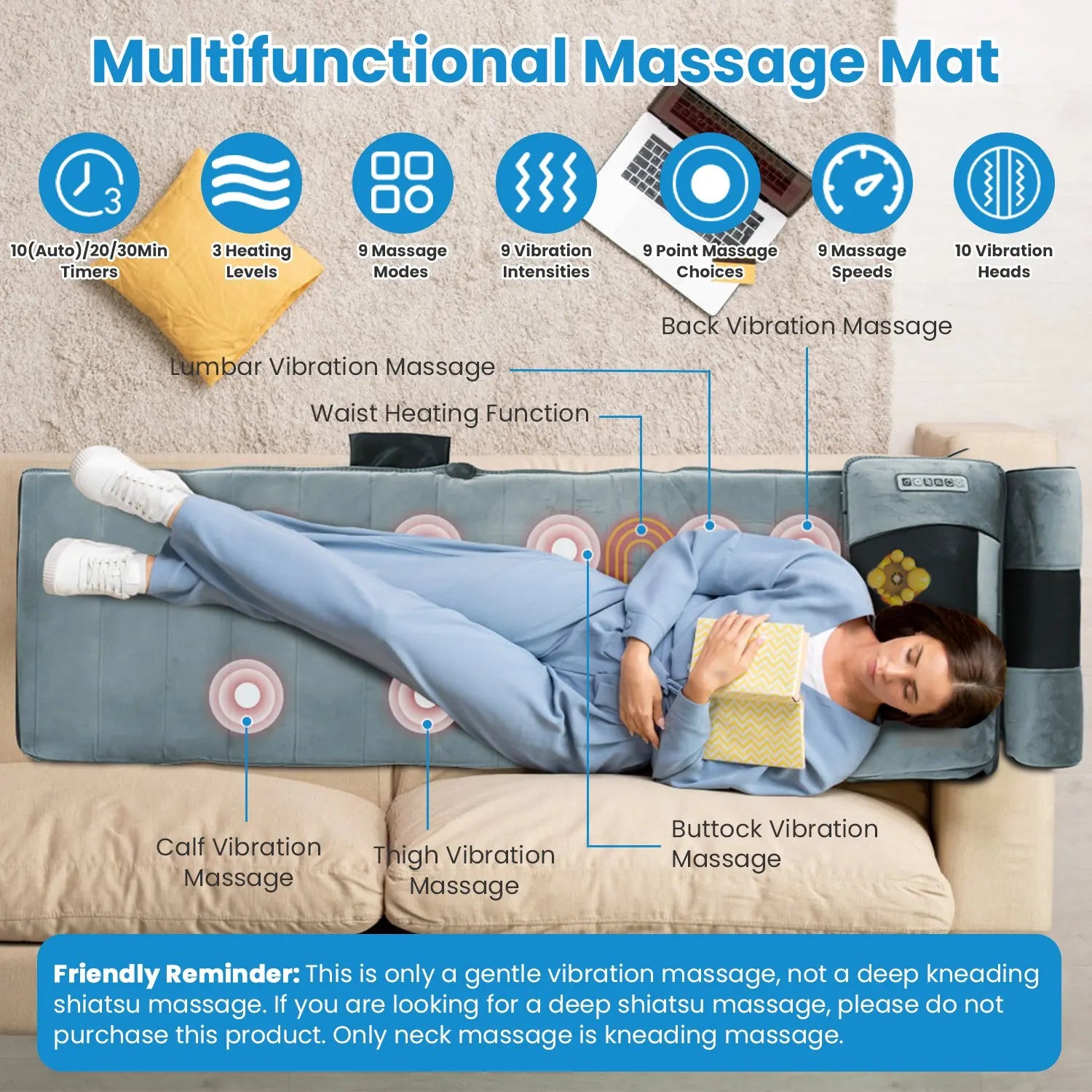 Electric Massage Mattress/ Vibrating Heating Infrared Massager Cushion For Neck, Back, Foot, and Full Body Pain Stress Relief