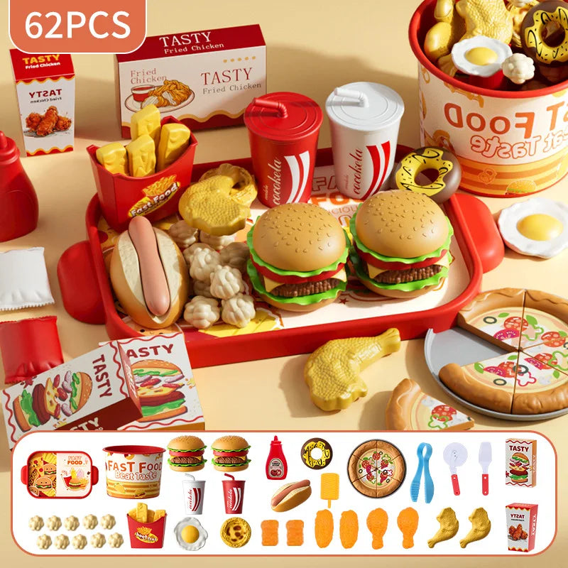 Kid Kitchen Toy Set /Simulation/ Make Hamburgers, Pizza, Fries, Pretend Play Food Cooking/ Cutting Game/ Montessori Interactive Toy Gift