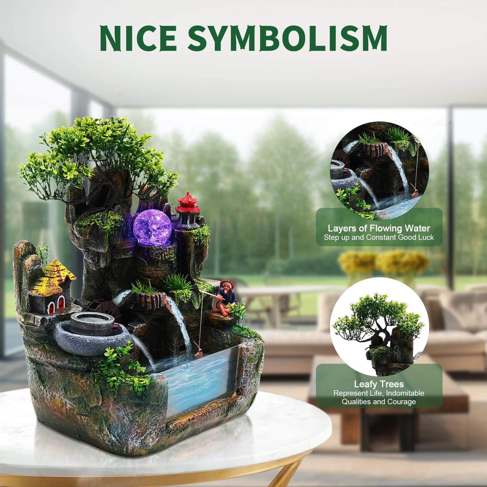 Lucky Feng Shui Money Tree Water Fountain, Circulating Fish Tank Waterfall with Resin Rockery, for Wealth Success & Home Decor Gift