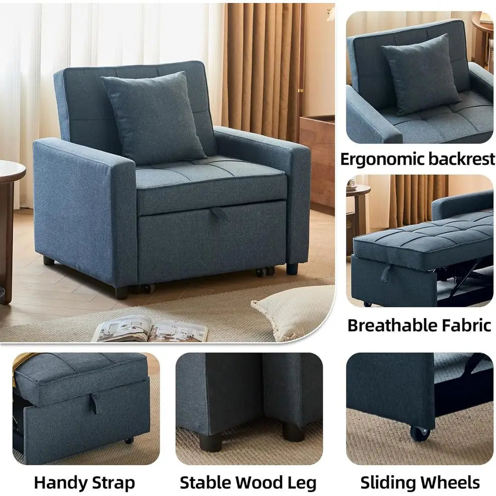 Convertible Sofa Bed with Reclining Backrest and Pull-Out Sleeper, 3-in-1 Blue Couch (35.6)