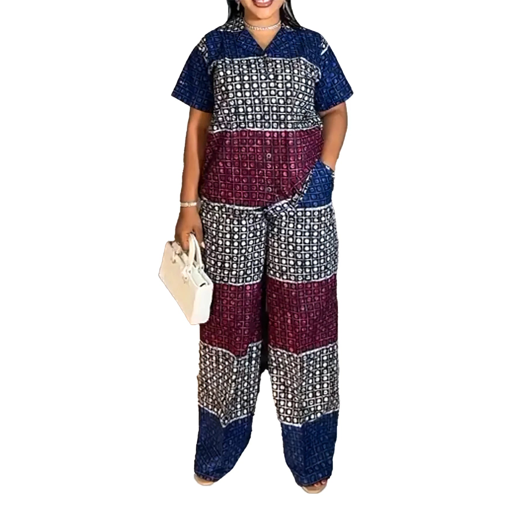 Trendy European And American Style Casual Set With Blue, White, And Red Plaid And Polka Dot Design