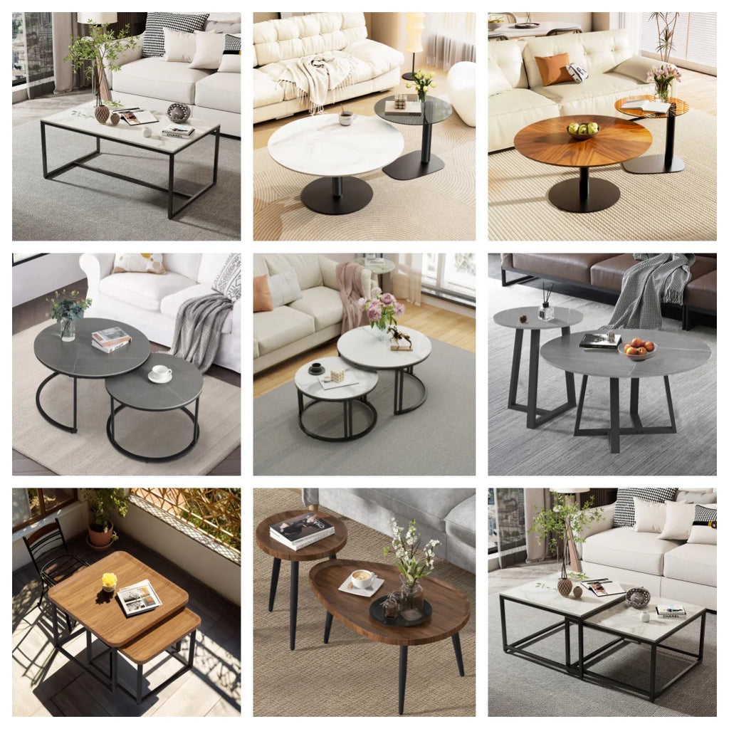Irregular Living Room Coffee Table Set Small Drop-Shaped Solid Wooden Sofa Side/ End Table 2-in1 with Triangle Legs