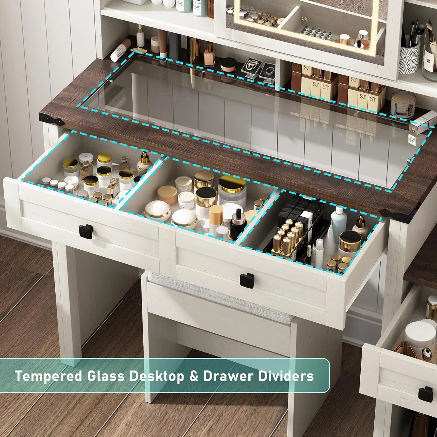 Farmhouse 47" Large Makeup Vanity Desk with Glass Tabletop, White Vanity with Sliding Mirror and Lights, Vanity Set with Stool