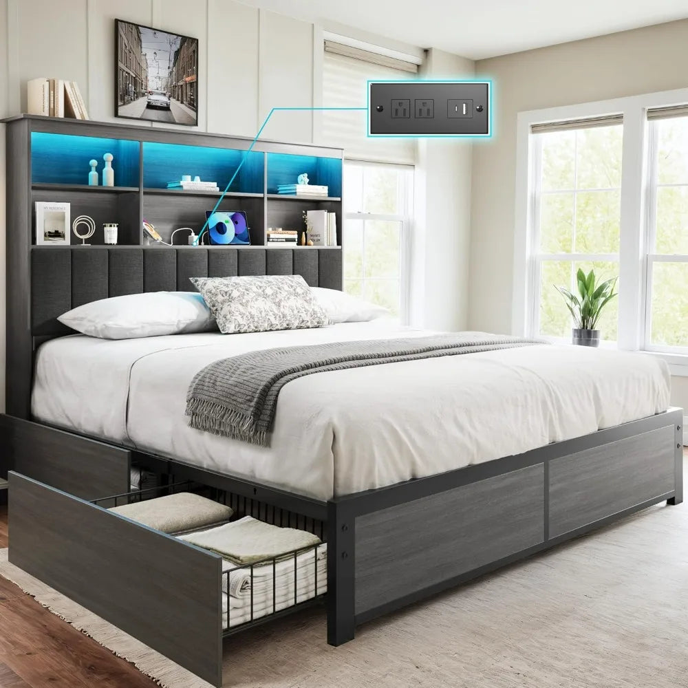 Wooden Queen-Size Bed Frame with Storage Headboard, High Bookcase, 4 Drawers, LED Lights, and Charging Station