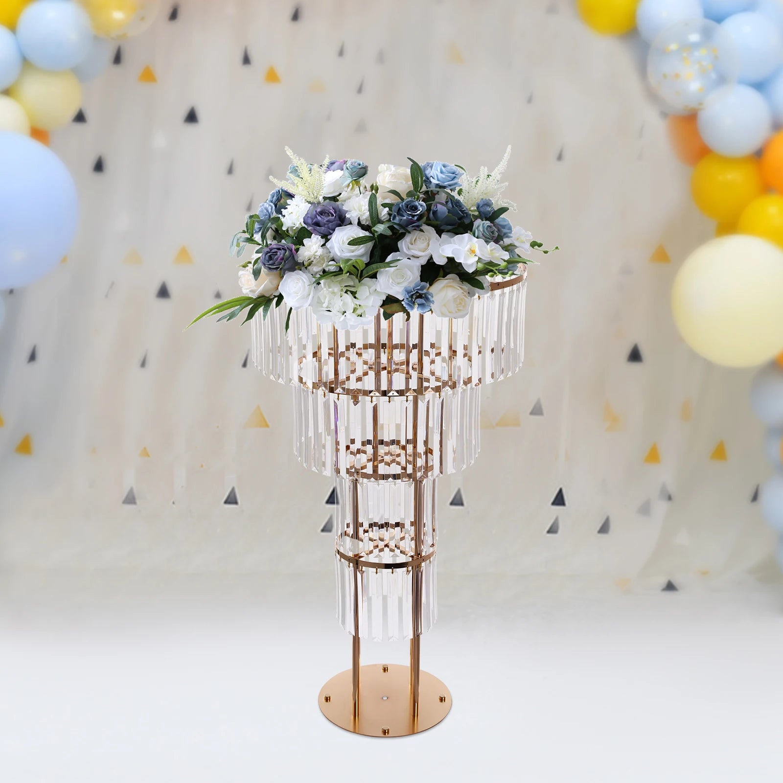 4 Tier Round Gold Electroplated Iron Crystal Flower Stand/ Freestanding 90cm Acrylic Floral Pedestal Holder/ Heavy 8kg Load Wedding Table Centerpiece Decor/ Easy Assemble/ Detachable Display Rack for Birthday/ Baby Shower/ Va