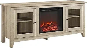 Rustic Wood And Glass Fireplace TV Stand For TV's Up To 64" Flat Screen Living Room Storage Cabinet Doors
