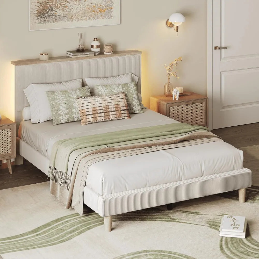 Full Bed Frame with Adjustable Headboard & LED Lighting, Corduroy Upholstered Platform Bed Frame with Storage Shelf,
