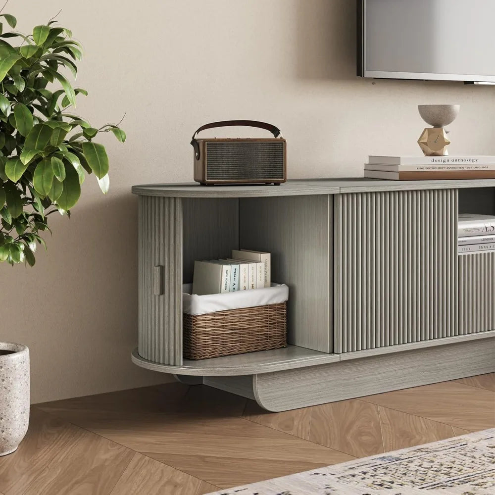 86.61'' TV Stand for 55-85", Entertainment Center with Large Storage Cabinet and Sliding Door, Curved Profile Design