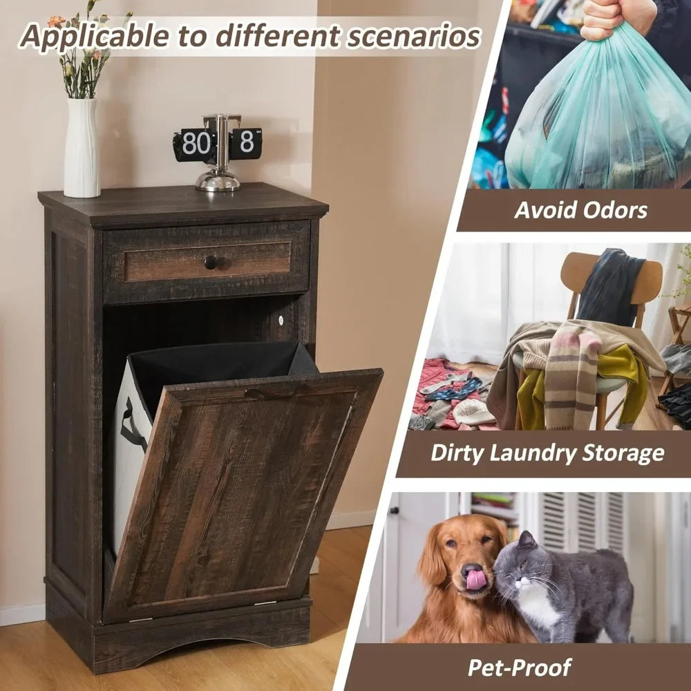13 Gallons Tilt Out Trash Cabinet, Freestanding Kitchen Trash Bin Cabinet, Wood Garbage Recycling Cabinet with Hideaway Drawer