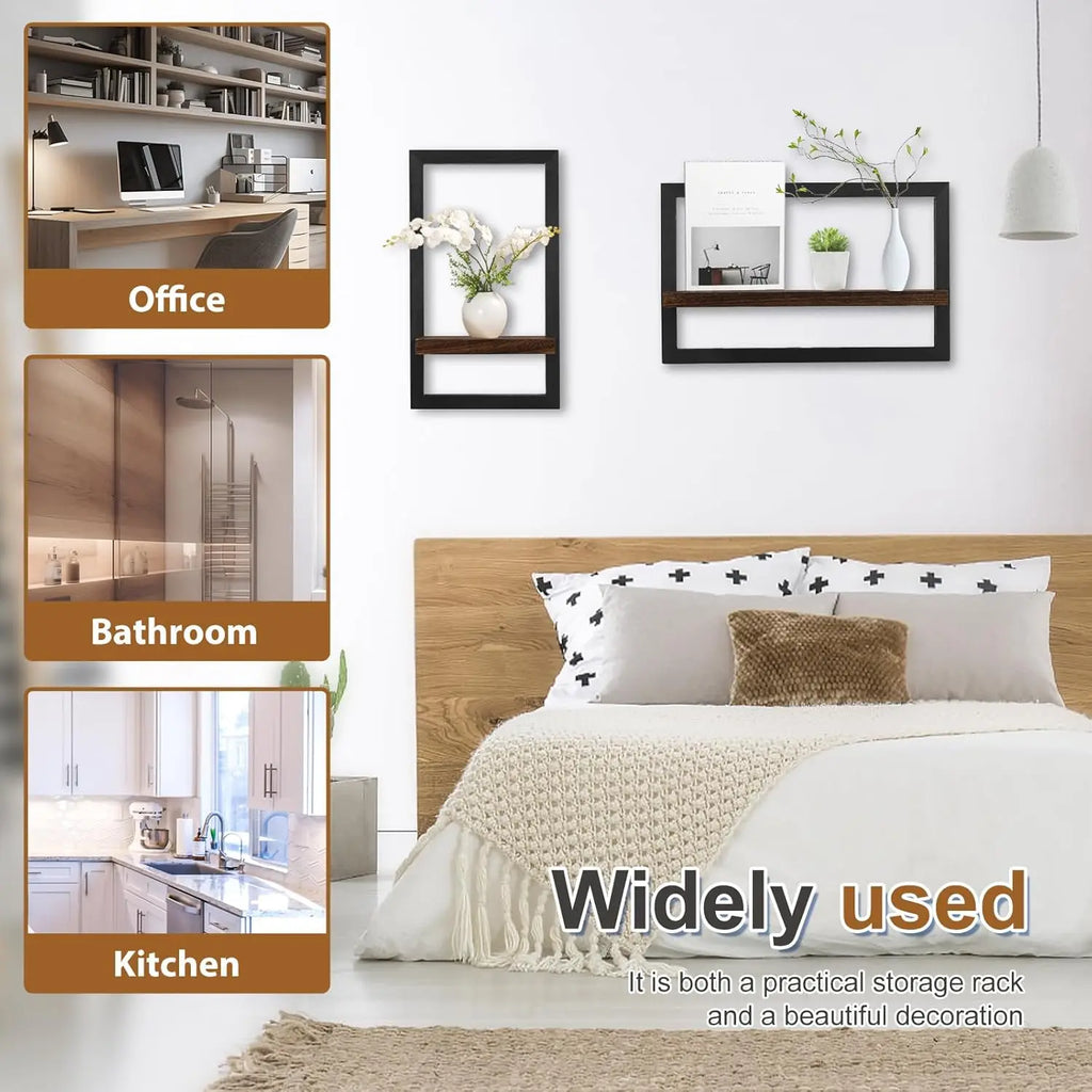 2Pcs Solid Wood Floating Shelves Set/ Wall Mounted Square Frame/ Hanging Shelf/ Modern Home Decor/ Organizer Rack for Living Room/ Bedroom Bathroom Plant Display /Aesthetic Room Accessories Wall Art Storage