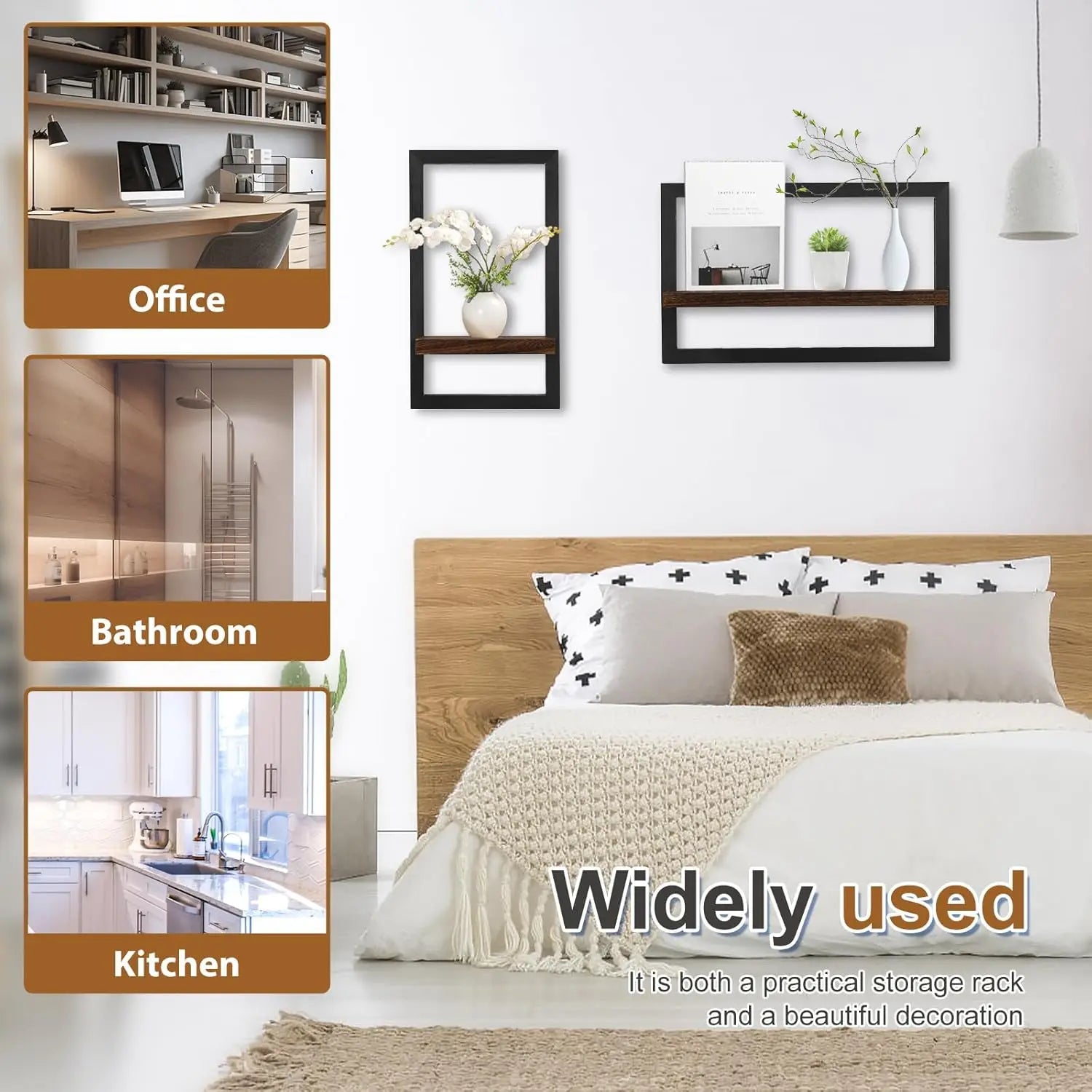 2Pcs Solid Wood Floating Shelves Set/ Wall Mounted Square Frame/ Hanging Shelf/ Modern Home Decor/ Organizer Rack for Living Room/ Bedroom Bathroom Plant Display /Aesthetic Room Accessories Wall Art Storage