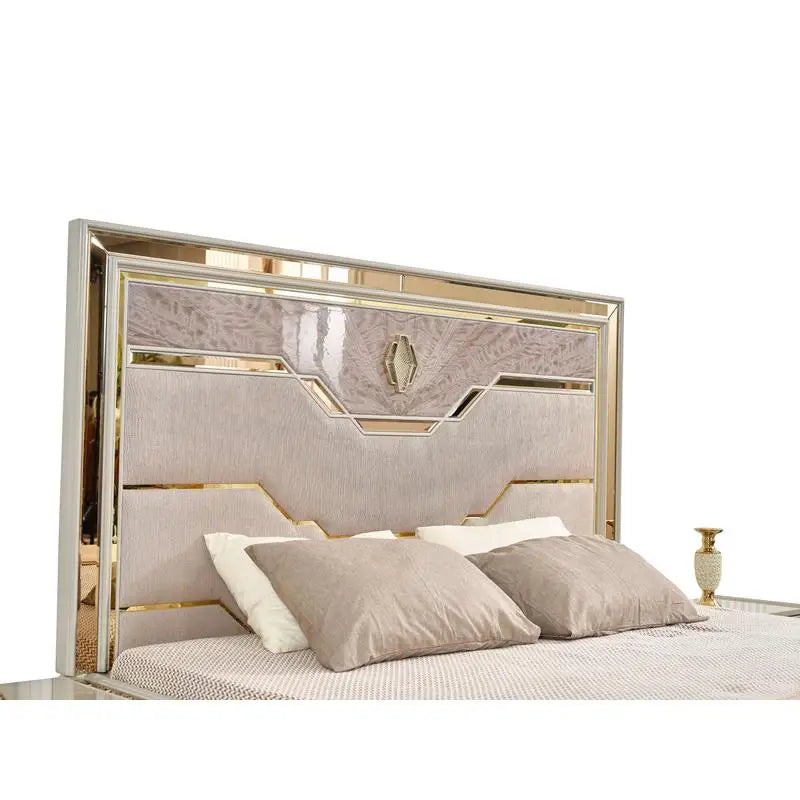 Modern Style 4-Piece Queen Upholstered Bedroom Set with Wood and Gold Accents in Beige