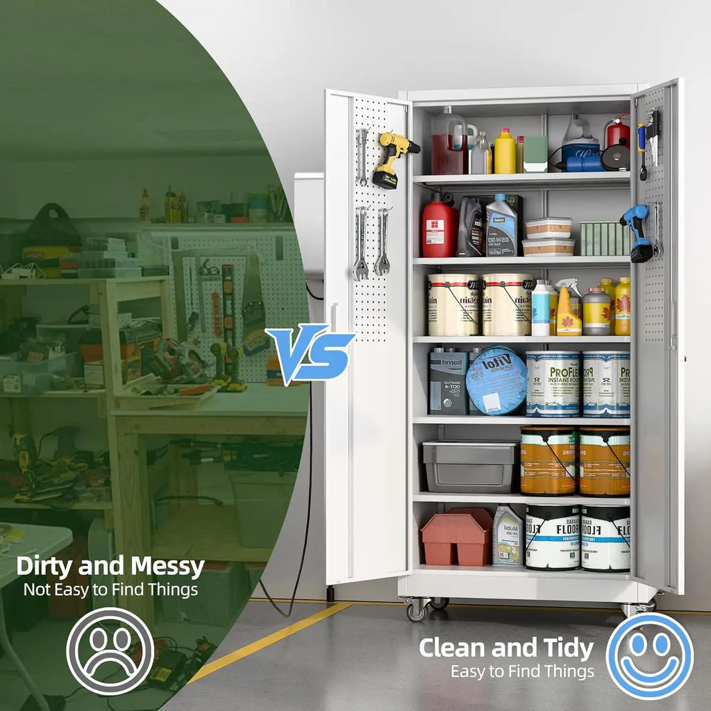 Upgrade 71"H'', 32''W,16''D Metal Garage Storage Cabinet with Wheels and Pegboards, 5 Adjustable Shelves Steel Storage Cabinets