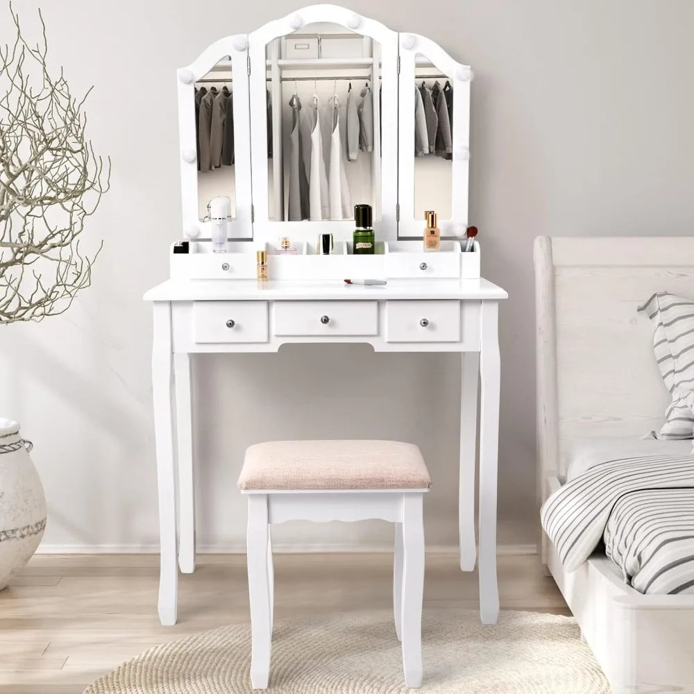 Luminated Makeup Vanity Desk with Tri-Fold Mirror and White Finish