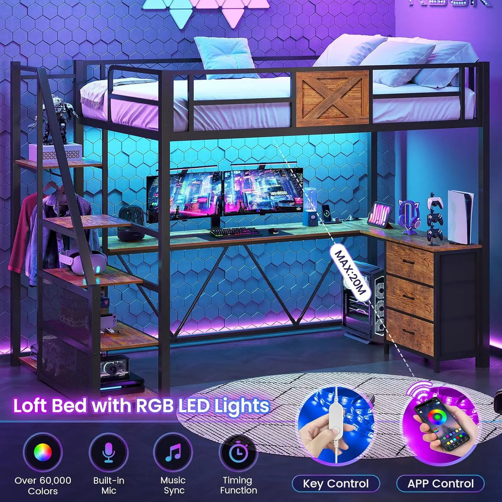 Twin Loft Bed with L-Shaped Desk, Wardrobe & Storage Stairs, LED Lights & Charging Station, Rustic Brown