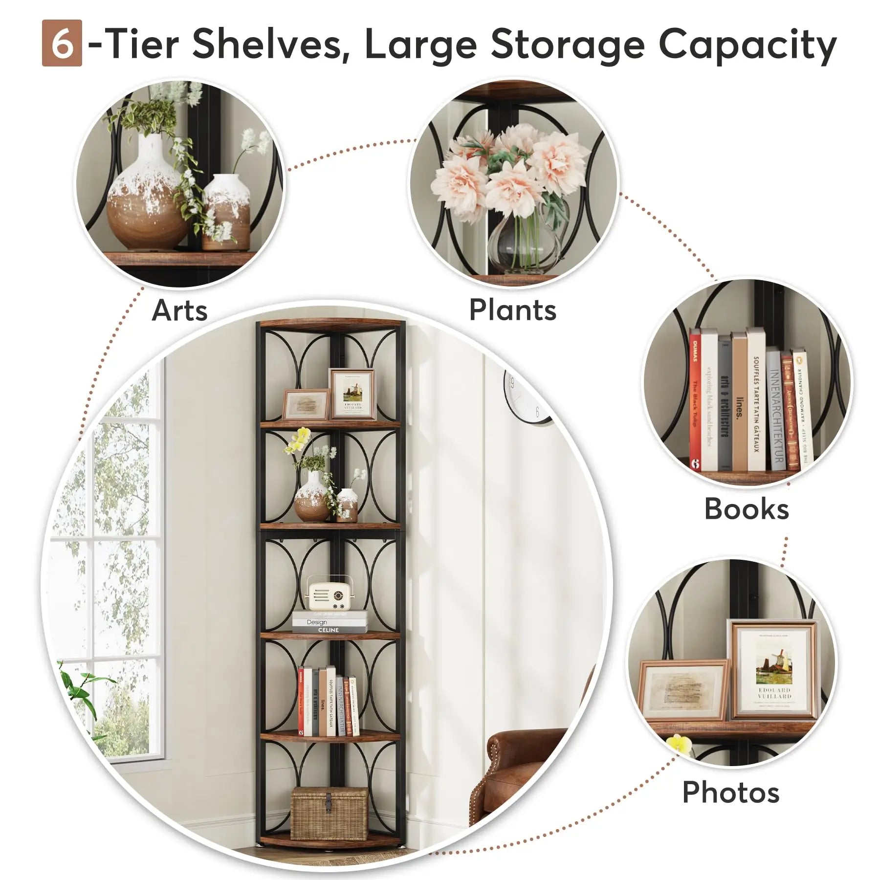 67 inch Tall Corner Shelf, 6 Tier Rustic Corner Bookshelf Bookcase, Storage Rack Standing Shelving Unit
