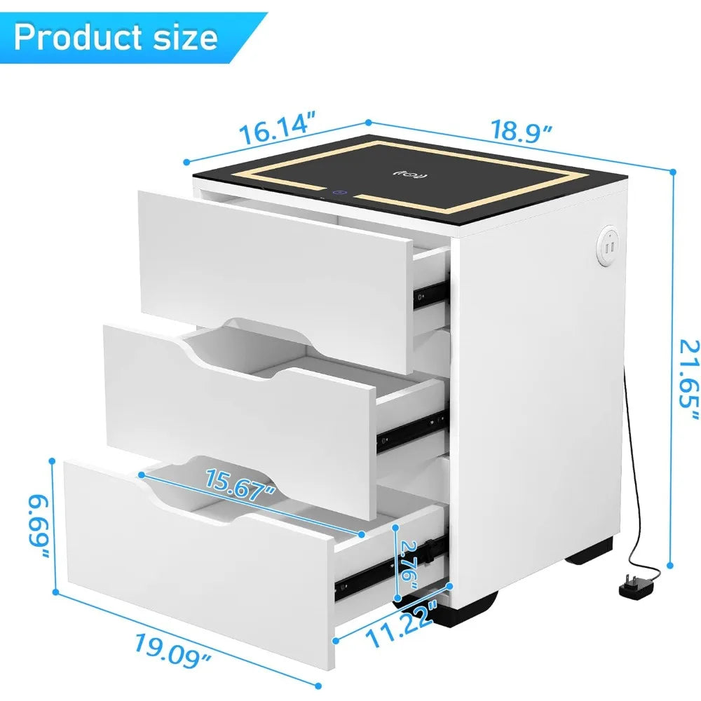 White Smart Nightstand with Wireless Charging Station & Adjustable LED Lights, High Gloss End Table with 3 Drawers & USB Charging