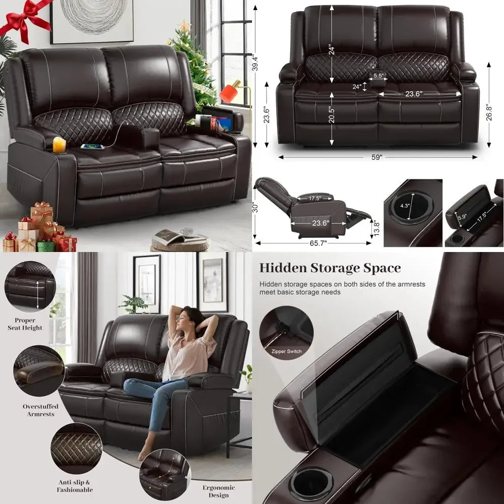 Adult Dual-Tier Faux Leather Reclining Loveseat with Detachable Armrest