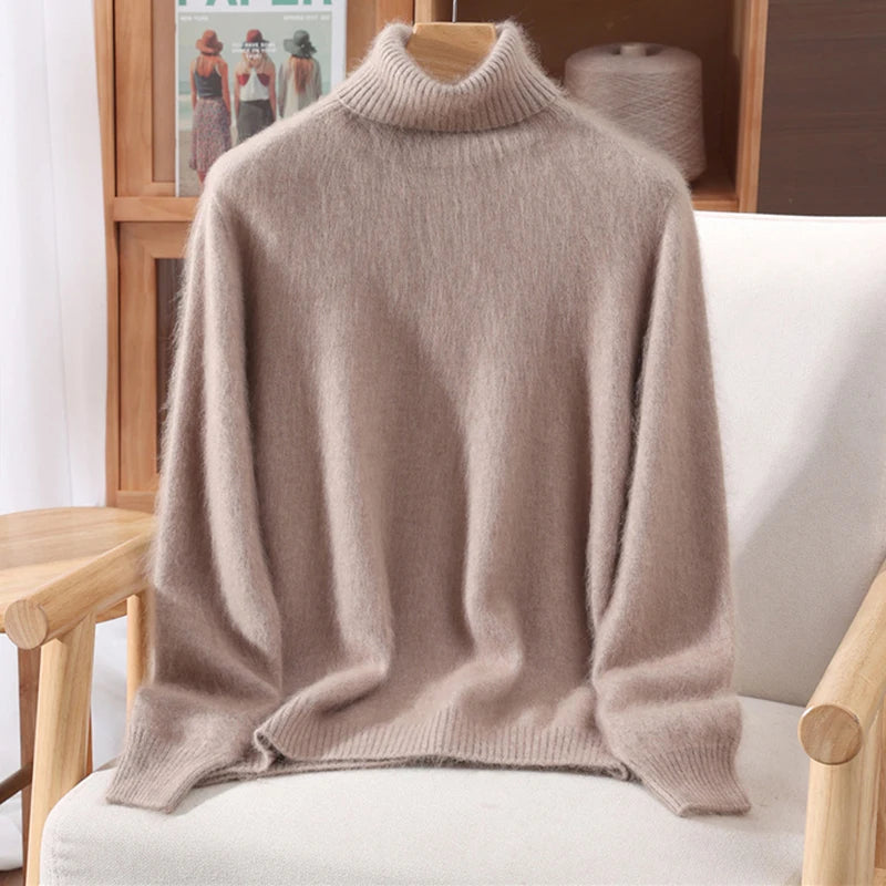 Autumn And Winter 100% Mink Cashmere Sweater, Ladies' High Lapel Solid Color Padded Pullover Wool Knitted Bottoming Shirt