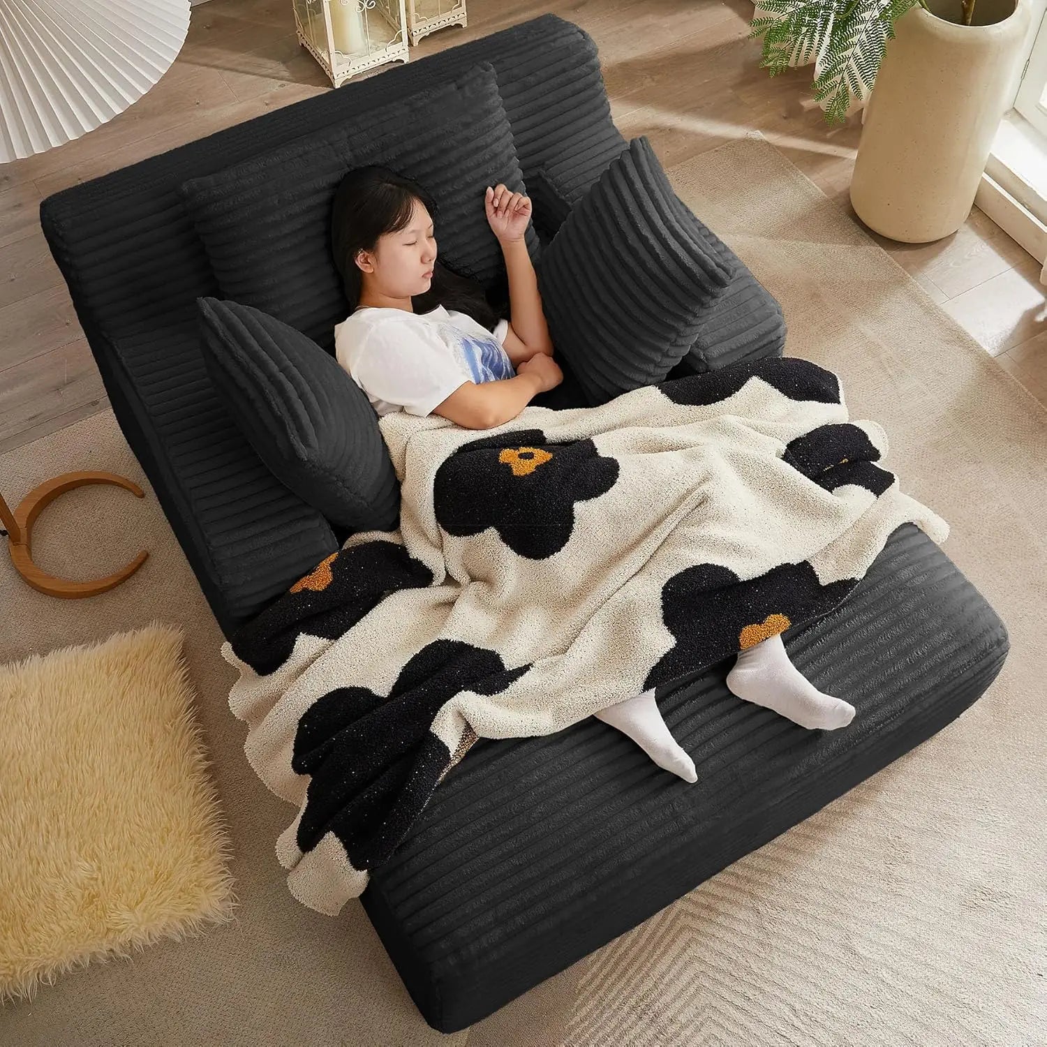 Oversized Chaise Lounge Chair with 3 Comfy Pillows for Living Room/ Bedroom, Wide Arms/ Corduroy Fabric/ High-Density