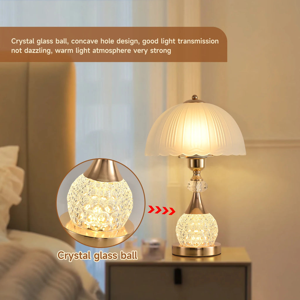 Bedside Table Lamp/ Petal Light Luxury Crystal Push Button Switch/ Bedroom/ Living Room/ Den Control Dimming Warm Atmosphere-Decorative