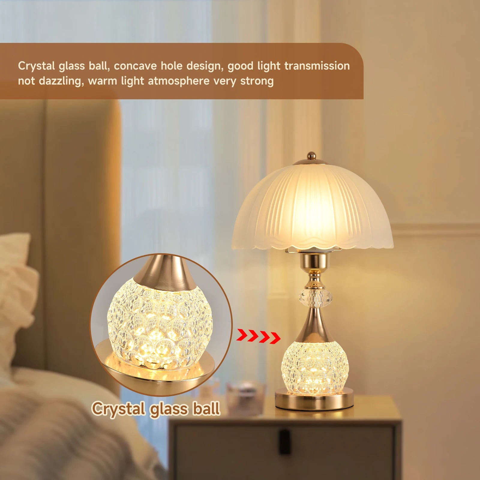 Bedside Table Lamp/ Petal Light Luxury Crystal Push Button Switch/ Bedroom/ Living Room/ Den Control Dimming Warm Atmosphere-Decorative