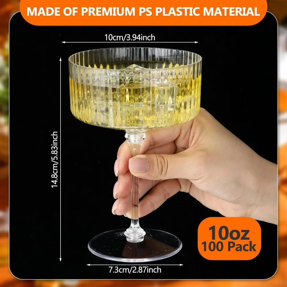 100 Pack Ribbed Martini Glasses - 10 oz Disposable Plastic Vintage-Style Ribbed Coupe Glasses for Cocktails and Desserts