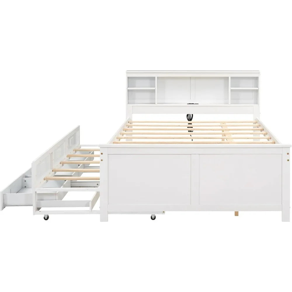 White Full Size Platform Bed with Storage, USB Ports, Wood Frame, Twin Trundle, and 3 Drawers