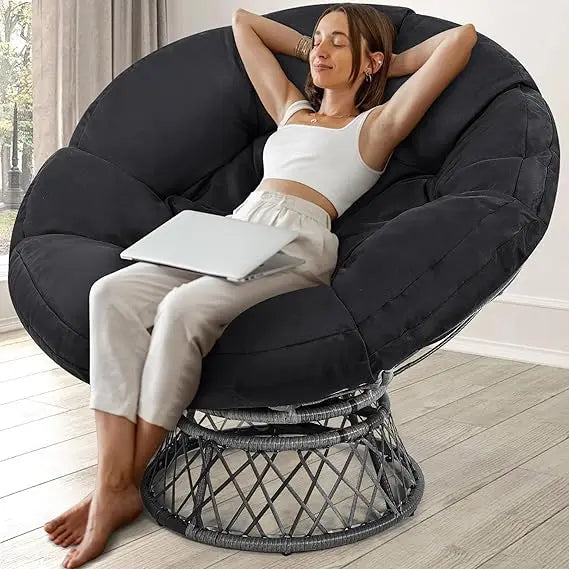 Adult-Sized Rattan Papasan Chair with Cushion, 360° Swivel, Waterproof, Grey and Black Frame