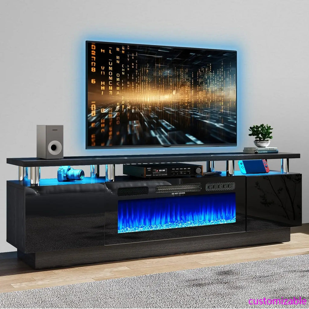 70" Modern Electric Fireplace TV Stand for TVs Up to 80 inch, with Electronic Flame and LED Lights, TV Console Cabinet , Black