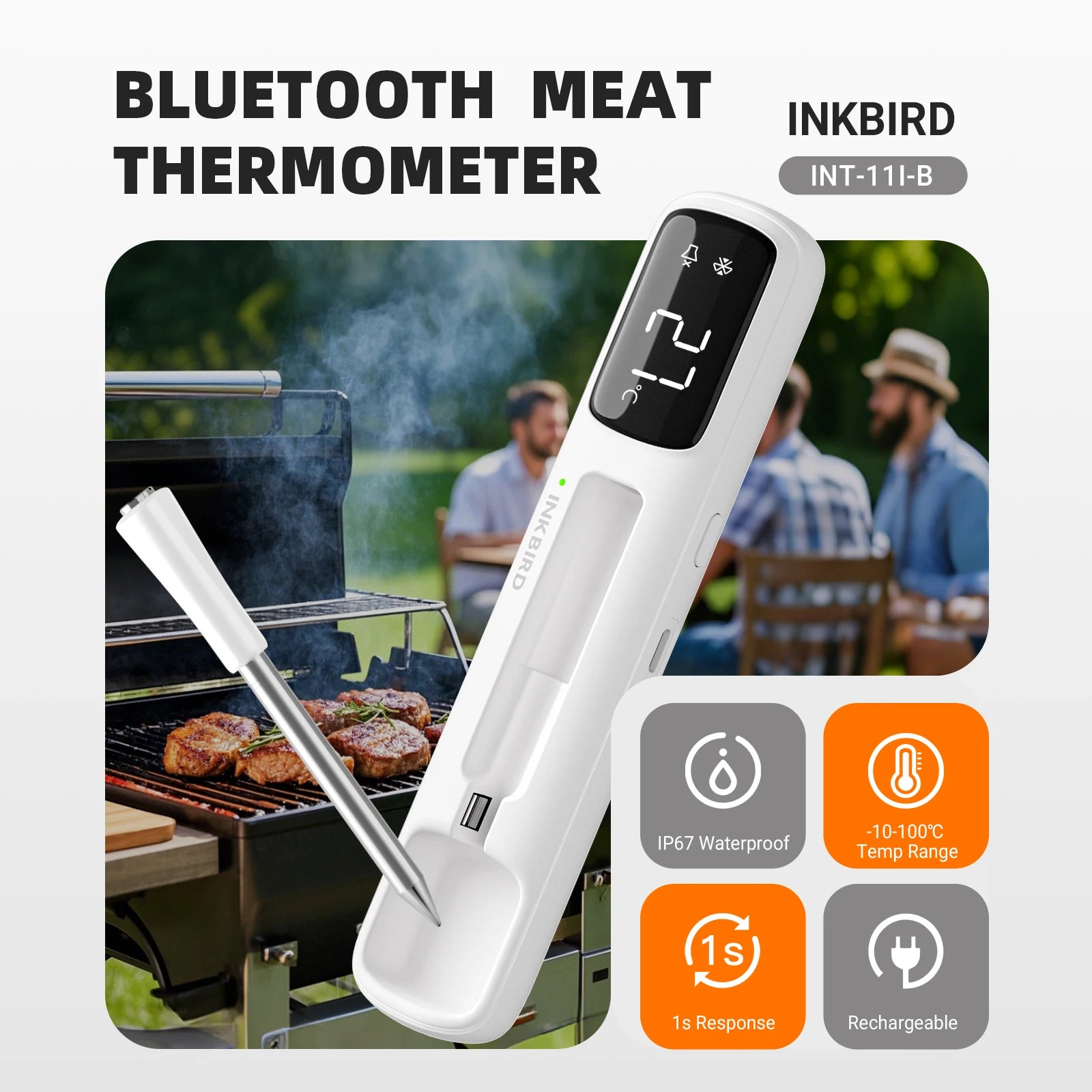 INKBIRD INT-11I-B Mini Wireless Meat Thermometer, Bluetooth 5.4 1000ft, 1s Response, IP67, 26 Presets, LED Display, for BBQ/Gril