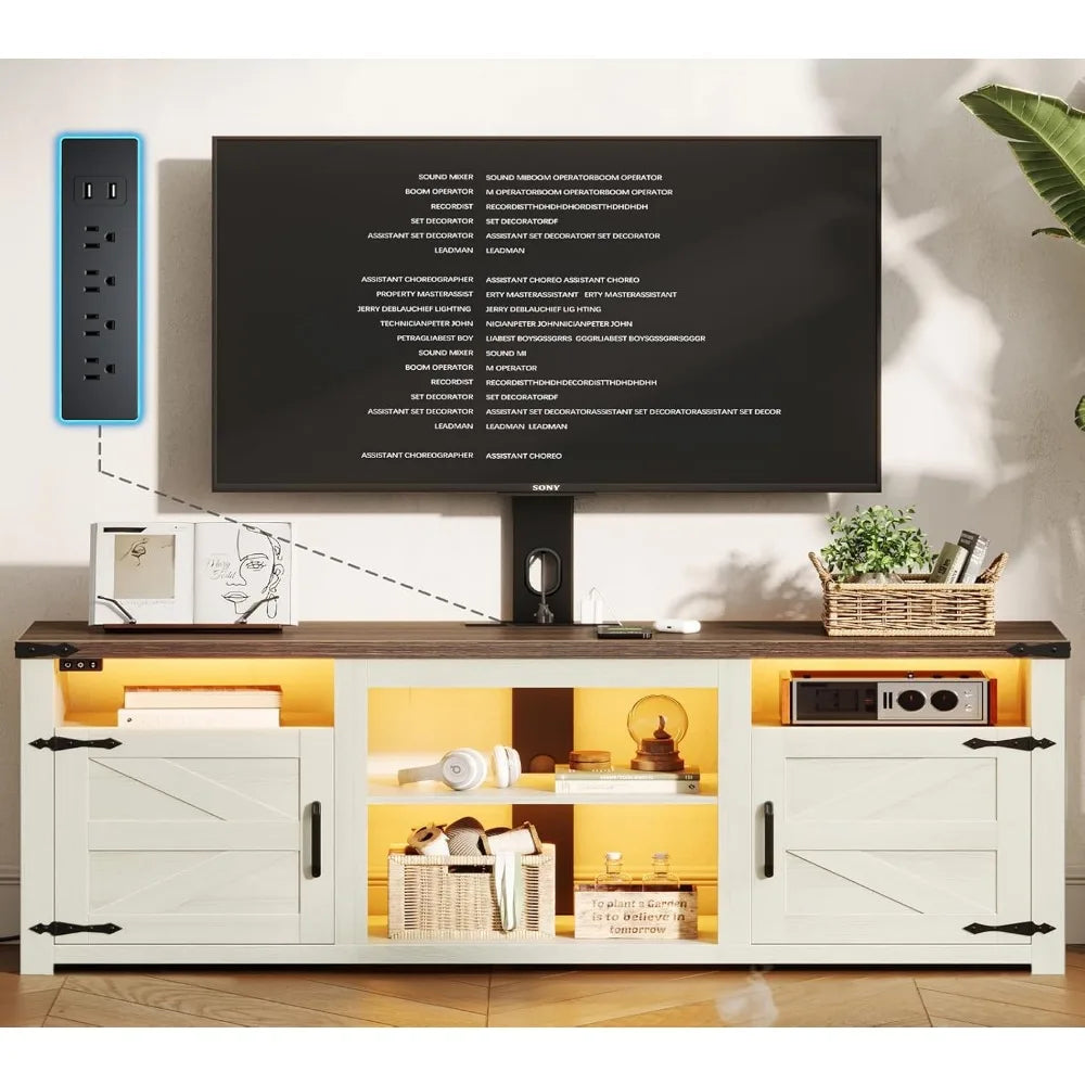 TV Stand with Mount, Farmhouse TV Stand for 32-75 inch TVs with Charging Station LED Lights, Entertainment Center with Storage